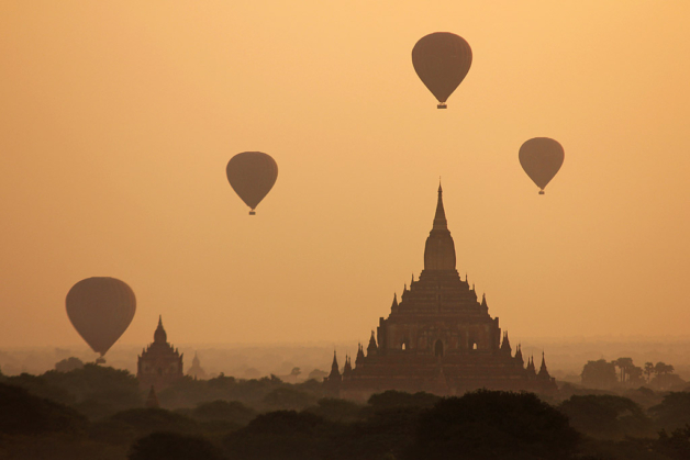 Myanmar balloons over Bagan pagodas at sunrise, Sulamani Temple
