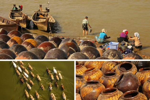 Myanmar Irawaddy River near Bagan, women washing, large pots and ducks