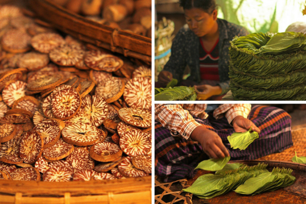 Myanmar betel nuts and leaf being stacked for sale