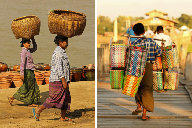 Myanmar local people carry baskets