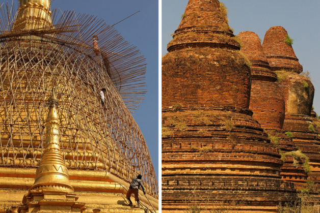 Myanmar stupae old and new repairs